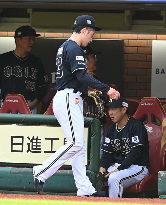 　８回に登板するもアクシデントでベンチに下がる吉田（撮影・園田高夫）