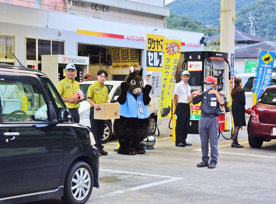 ロードキル防止に向けドライバーへ注意を呼び掛ける関係者ら＝27日、鹿児島県奄美市名瀬