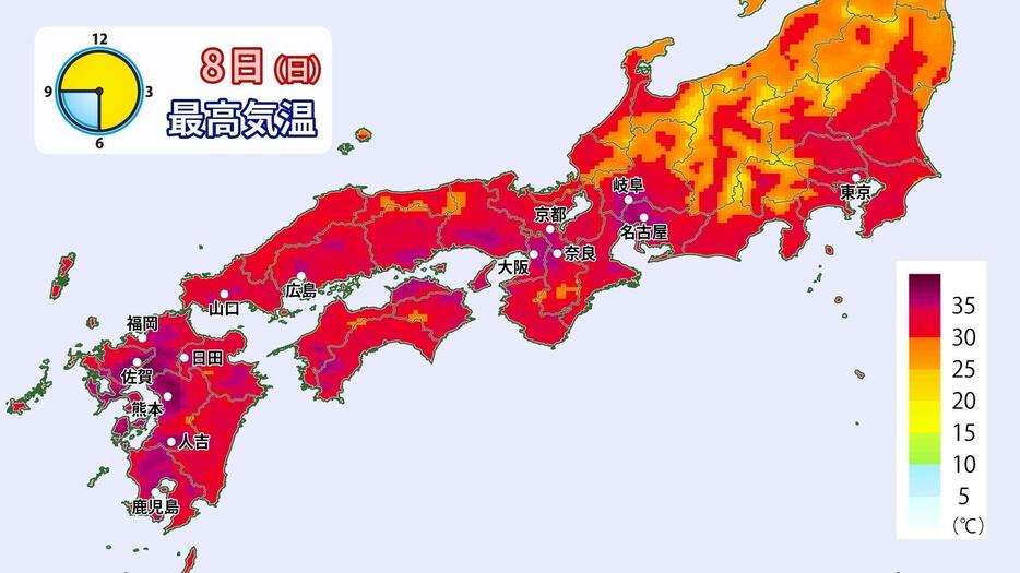 8日(日)の最高気温マップ