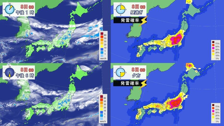 8日(日)の雨雲予想と発雷確率