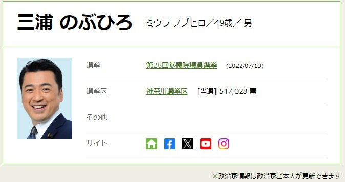 三浦選対委員長は神奈川選挙区選出、現在2期目