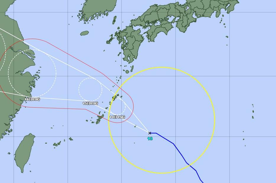 気象庁が発表した台風13号の予想進路図（気象庁HPより）