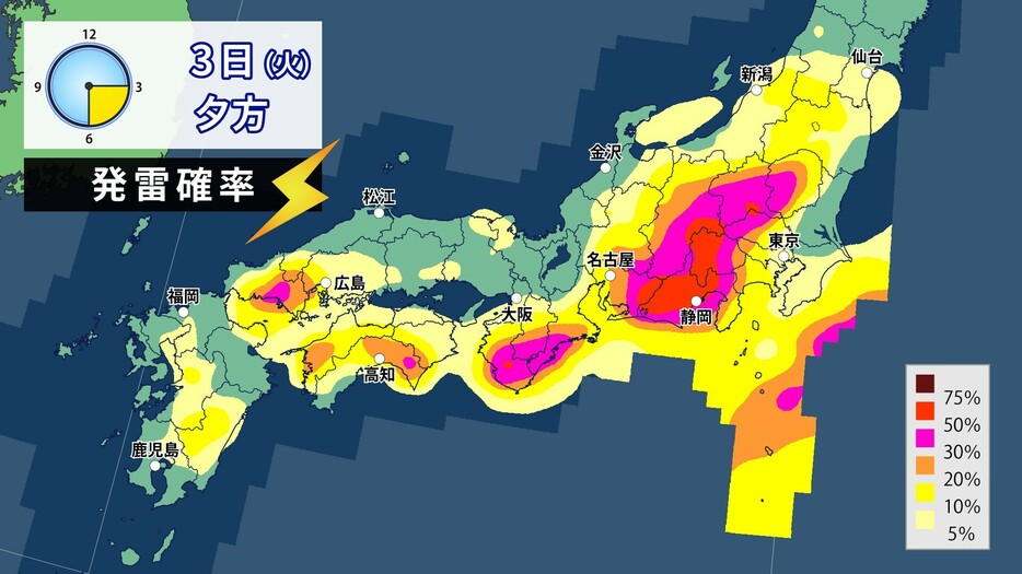 3日(火)夕方の発雷確率