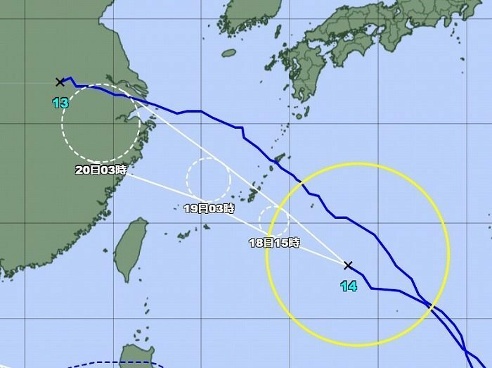 18日午前3時現在の台風14号の経路図（気象庁HPより）