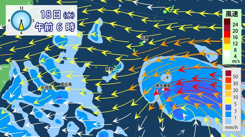 18日(水)午前6時の雨・風の予想