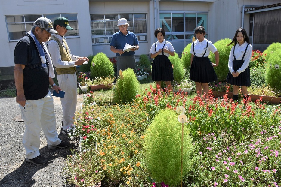 花の世話をした児童と一緒に花壇を見る審査員（須恵小で）