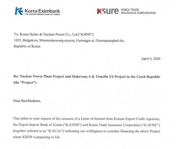 韓国水力原子力が今年4月、チェコに送った原発3基の建設に対する金融支援意向書の一部＝祖国革新党のチャ・ギュグン議員室提供