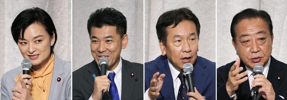 （右から）野田元首相、枝野前代表、泉代表、吉田晴美衆院議員＝8日