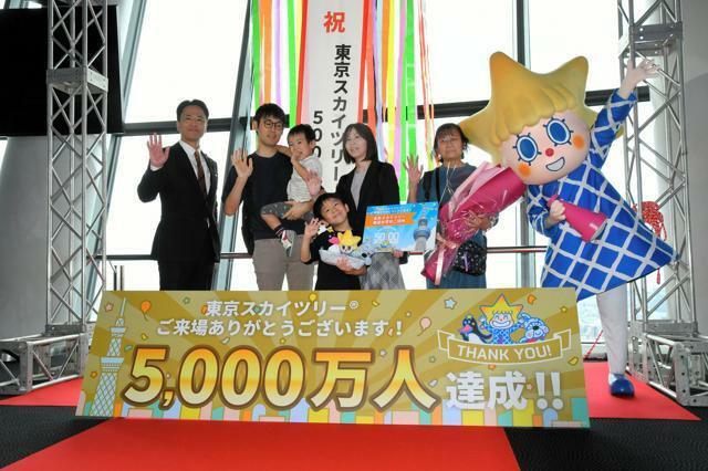 スカイツリーへの５千万人目の来場者となった千葉県君津市の猪又浩輝さん一家。公式キャラ「ソラカラちゃん」や新家章男社長（左）と記念写真を撮った=2024年9月21日午前10時15分、東京都墨田区押上１丁目、佐野楓撮影