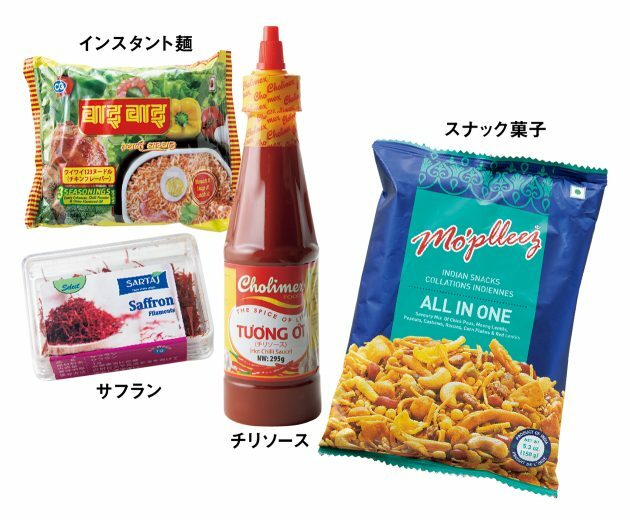 インドのスナック菓子（150g）200円、チリソース（250ml）216円、ネパールのインスタント麺（75g）77円、サフラン（1g）600円。