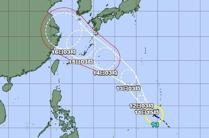 11日午前3時現在の台風13号の経路図（気象庁HPより）