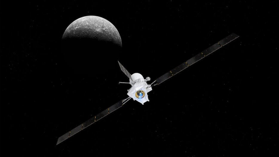 水星に接近する日欧の水星探査ミッション「BepiColombo（ベピ・コロンボ）」探査機の想像図（Credit: spacecraft: ESA/ATG medialab; Mercury: NASA/JPL）