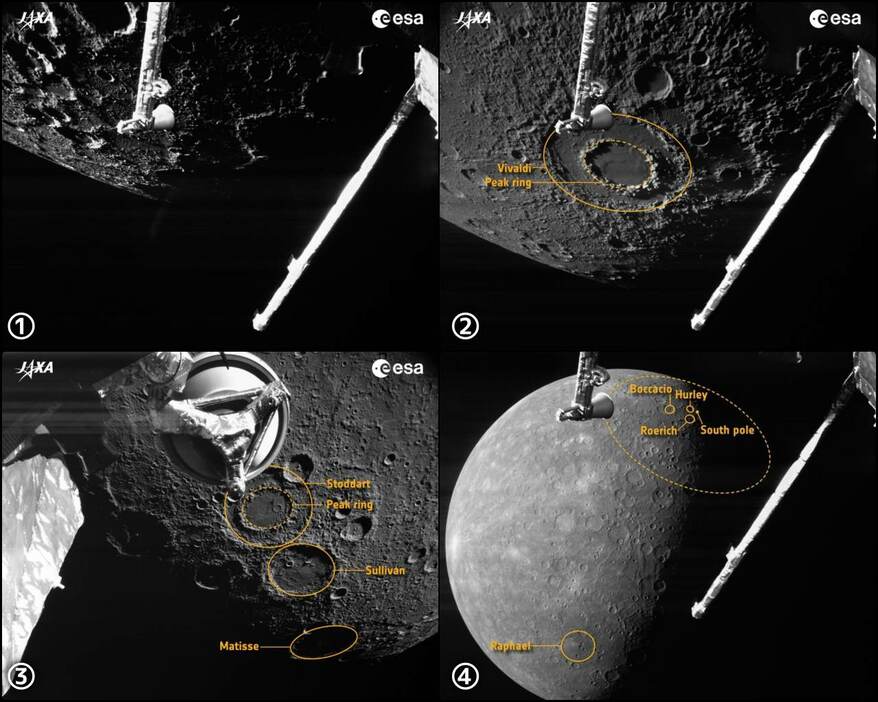 BepiColombo探査機の第4回水星スイングバイ時に撮影された水星。1～4の文字はsorae編集部によるもの