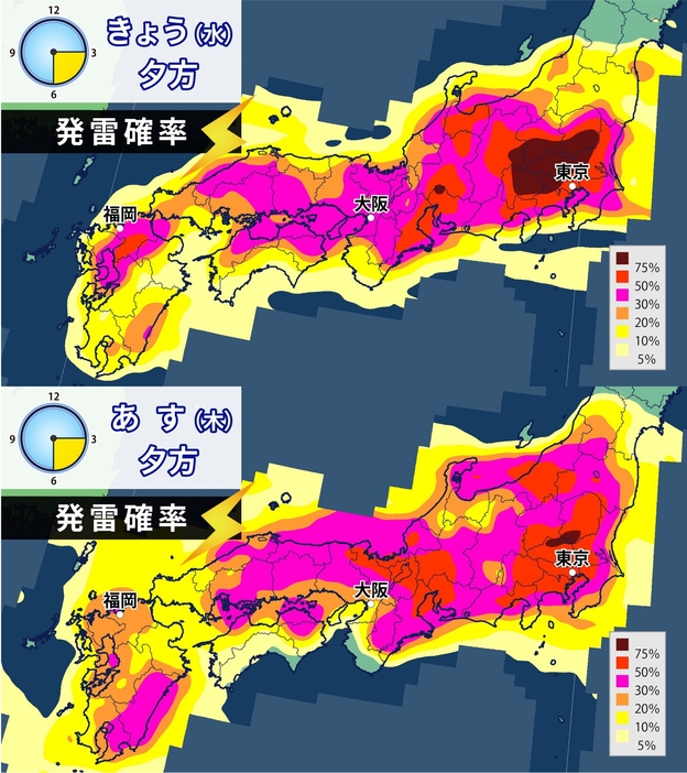 18日(水)と19(水)夕方の発雷確率