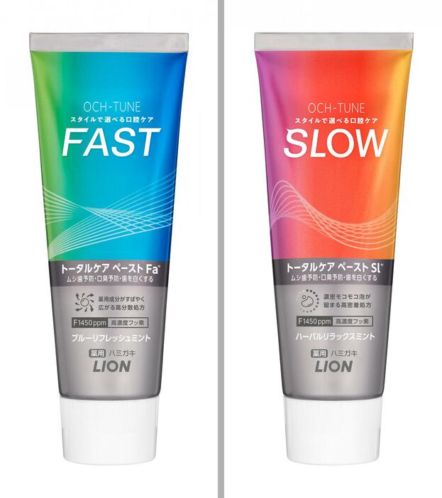 ライオンの「OCH―TUNEハミガキ」の「FAST」（左）と「SLOW」