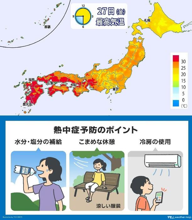 27日(金)の最高気温マップと熱中症予防のポイント