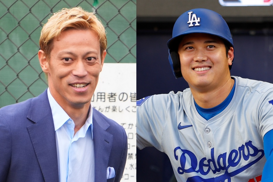 本田（左）はMLB初の「48-48」を達成した大谷（右）の活躍について私見を語った。(C)THE DIGEST、Getty Images