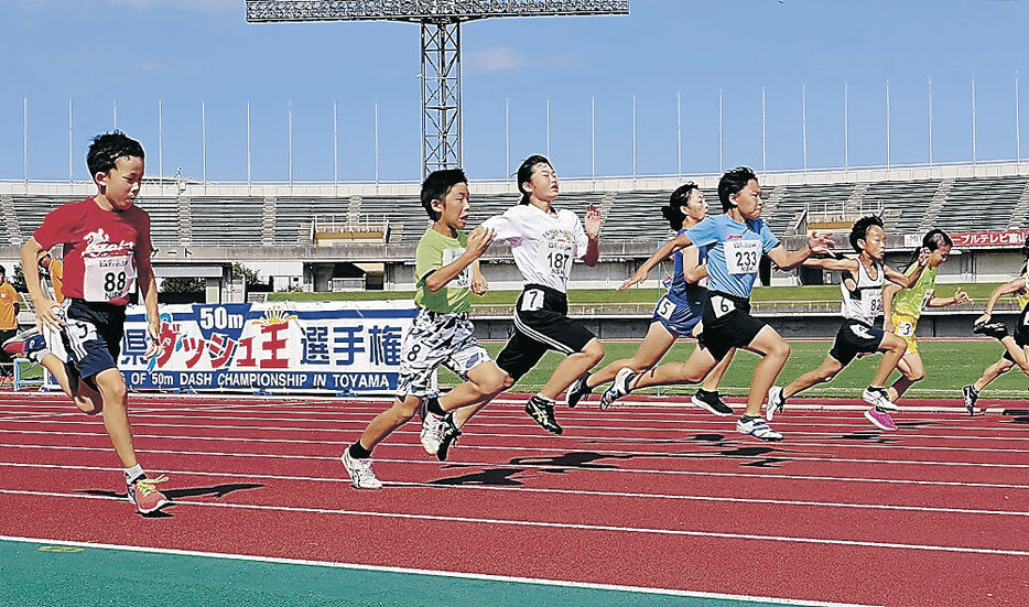 タイムを競って走る参加者＝富山市の県総合運動公園陸上競技場