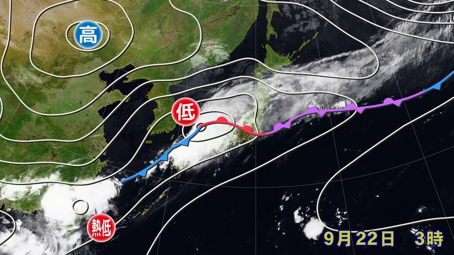 22日(日)午前3時の天気図と雲画像