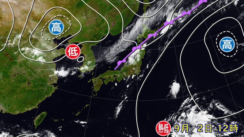 2日(月)正午の気象衛星画像と実況天気図