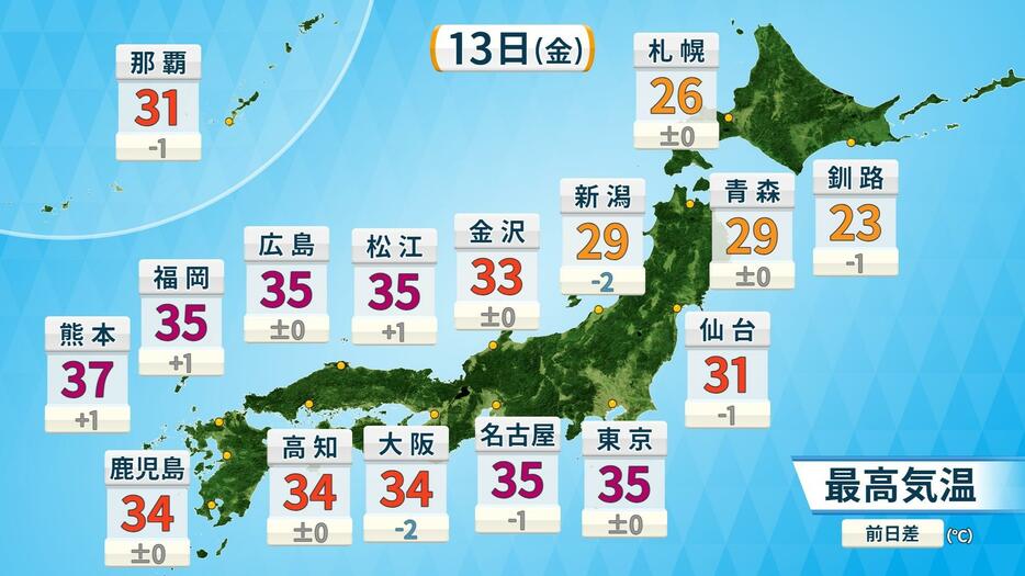 13日（金）の予想最高気温