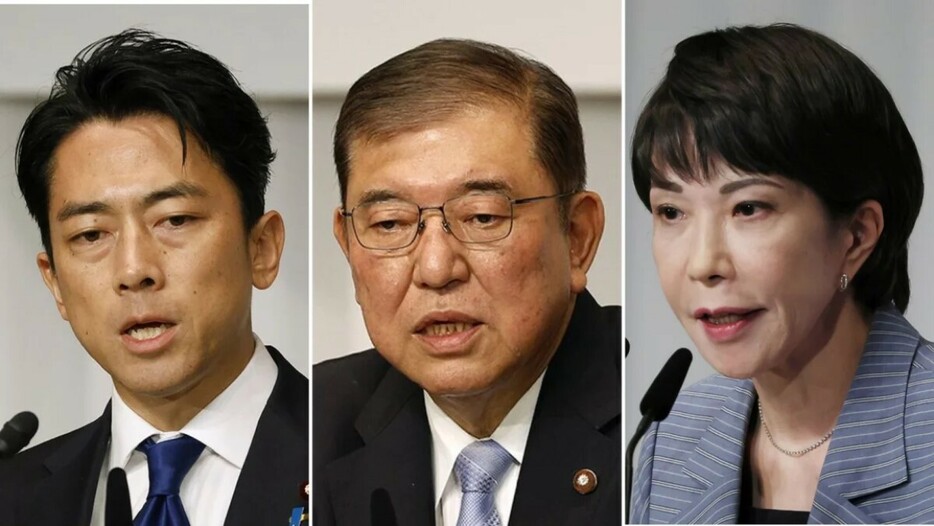 左から小泉進次郎元環境相、石破茂元防衛相、高市早苗経済安全保障担当相