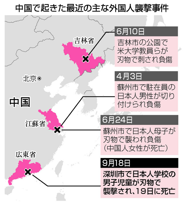 中国で起きた最近の主な外国人襲撃事件