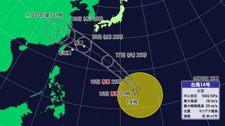 15日(日)午後9時の台風14号の進路予想図