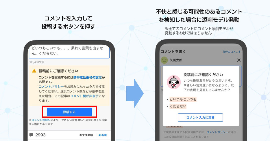 ヤフーニュースの問題あるコメントについて投稿前に言い換えを提案する例（LINEヤフー提供）