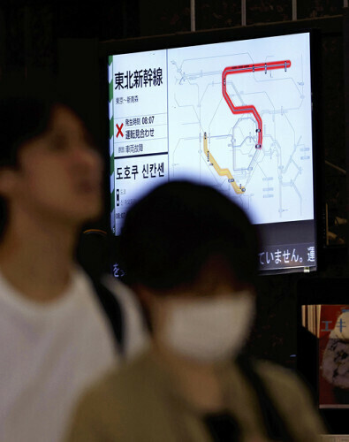 東北新幹線の運転見合わせを知らせる電光掲示板（１９日午前１０時１７分、ＪＲ東京駅で）