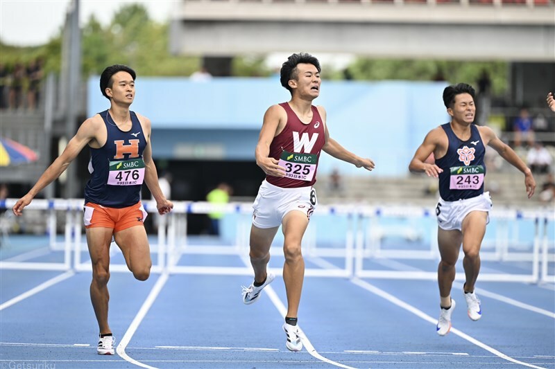 男子400mHに1年生優勝を飾った渕上翔太（早大、中央）