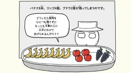 「果物をより多くの人に残さずわける」時の数字の考え方について紹介していきます（画像：『ゼロからわかる！ みるみる数字に強くなるマンガ』より）