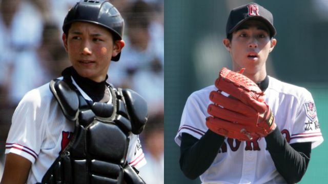 広陵高時代の小林誠司選手と野村祐輔投手（写真：日刊スポーツ/アフロ、岡沢克郎/アフロ）