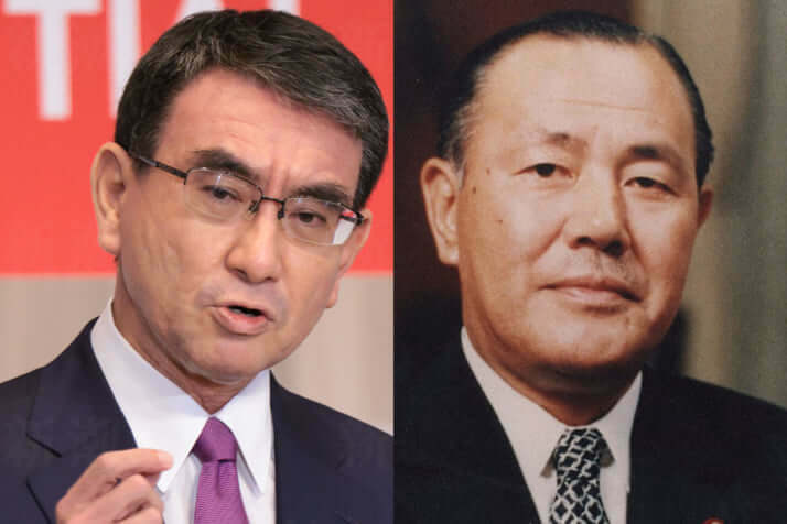 河野太郎（左）、田中角栄（田中角栄・出典：首相官邸ホームページ〈https://www.kantei.go.jp/jp/rekidai/souri/64.html〉を加工して作成）