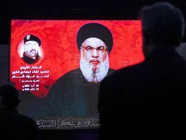 Hassan Nasrallah via a video call in 2024. Photographer: Chris McGrath/Getty Images