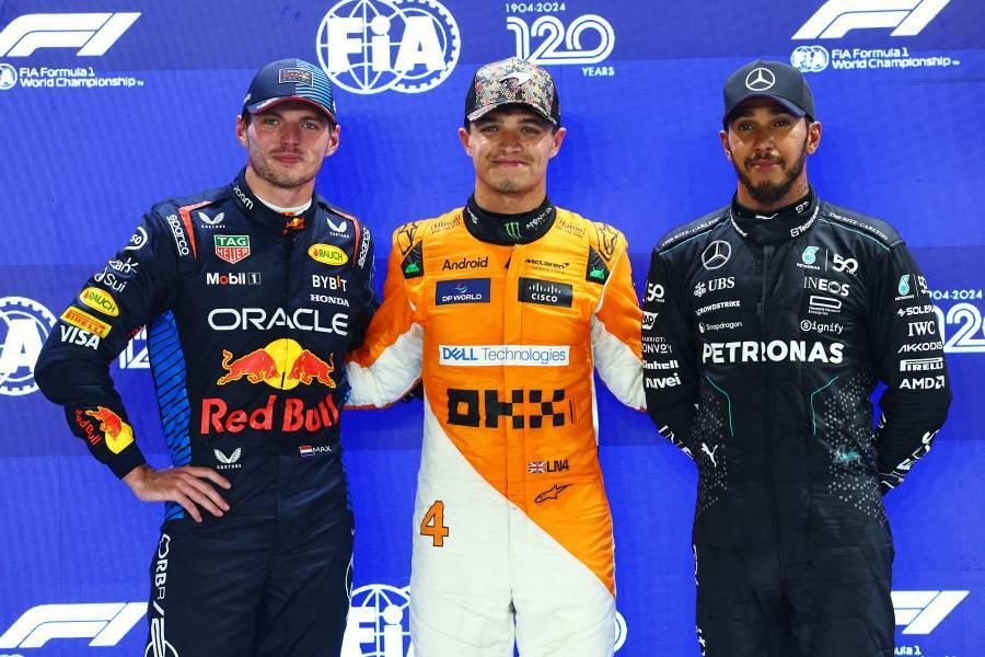 F1シンガポールGP予選トップ3のランド・ノリス（マクラーレン）、マックス・フェルスタッペン（レッドブル）、ルイス・ハミルトン（メルセデス）(C)Red Bull Content Pool