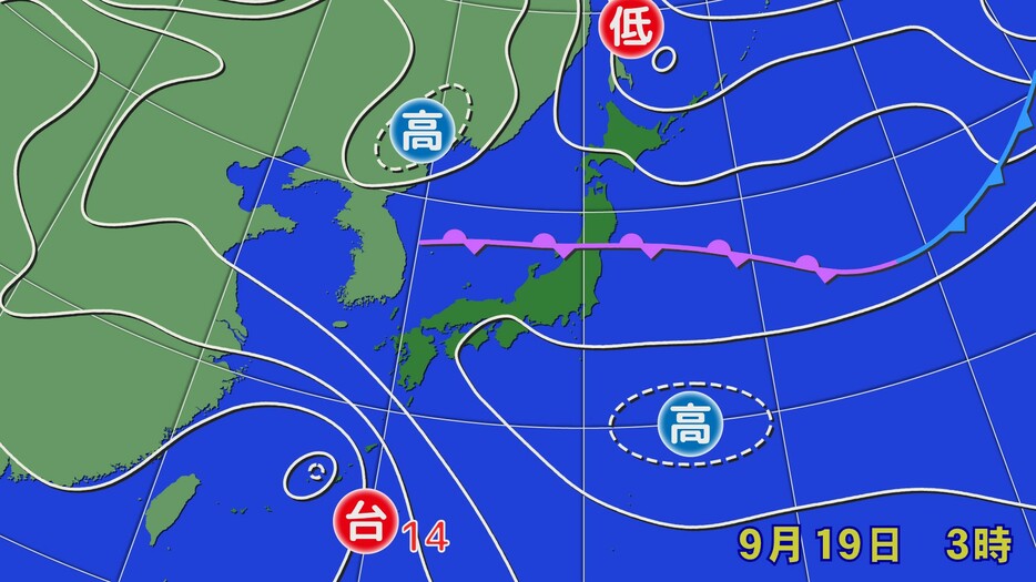 19日(木)午前3時の実況天気図