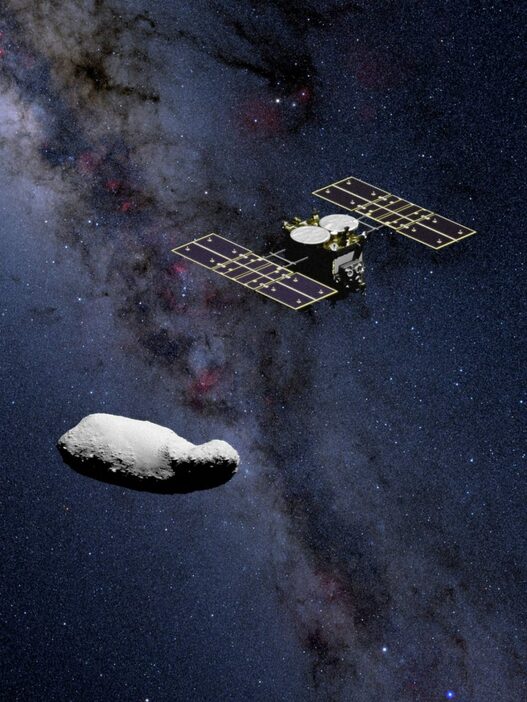 トリフネの近くを通過するはやぶさ2の想像図。（Credit: 有松亘 & 宇宙航空研究開発機構（JAXA））