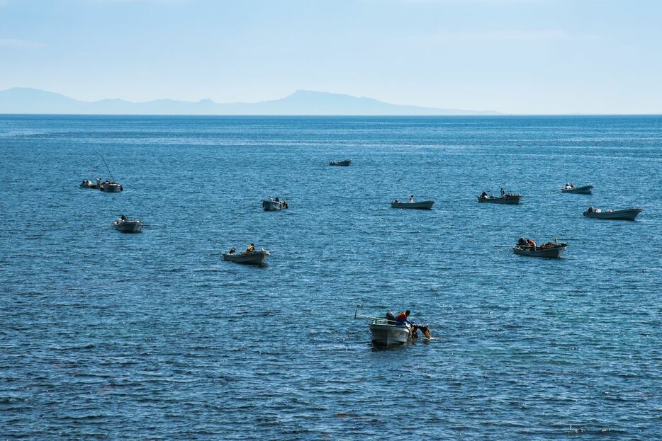 知床半島周辺海域で漁をする漁船。昆布やウニ漁は少人数の小型船を利用し、携帯電話の通信環境整備を求める声は大きい（PIXTA）