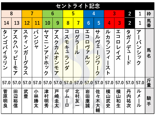 2024年セントライト記念の枠順