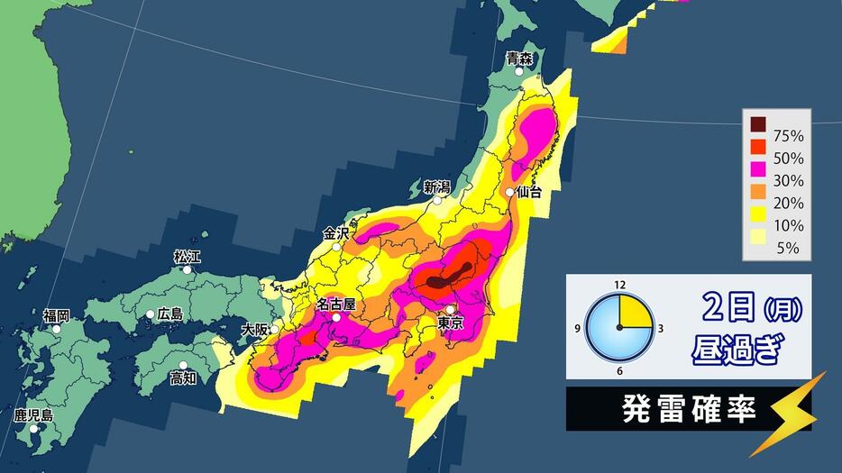 2日(月)昼過ぎの発雷確率