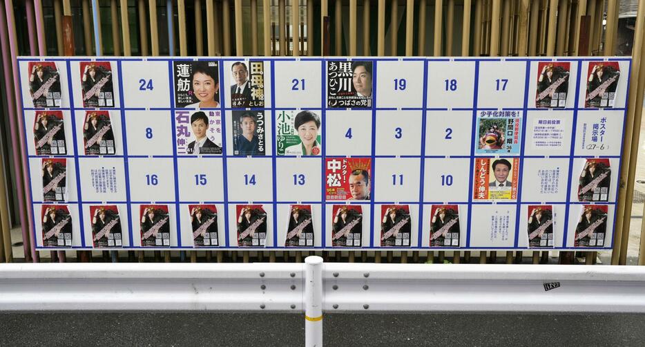 東京都知事選で、同一のポスター（左右と下）が張られた掲示板＝6月、東京都新宿区