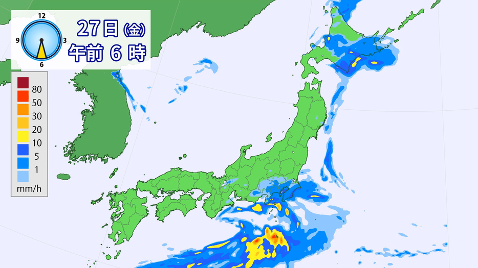 27日(金)午前6時の雨の予想