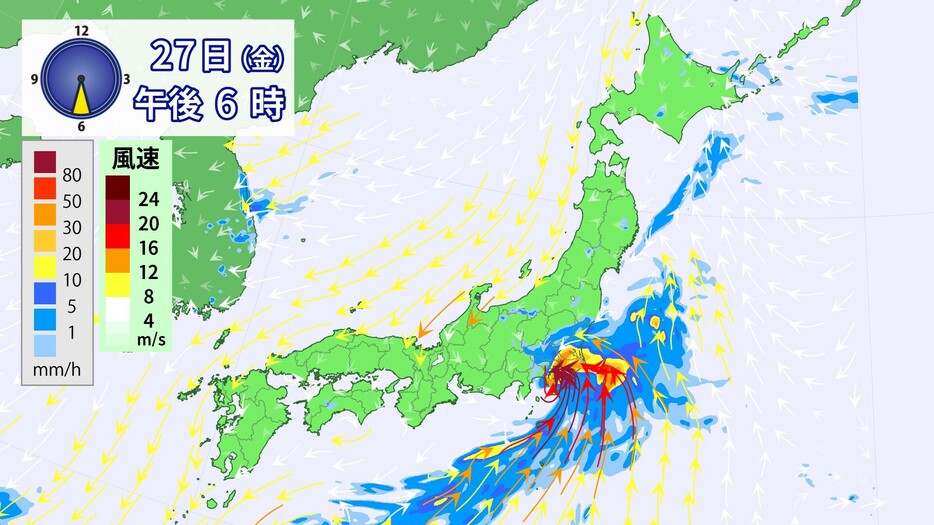 27日(金)午後6時の雨・風の予想