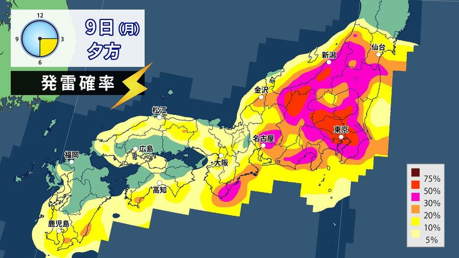 9日(月)夕方の発雷確率