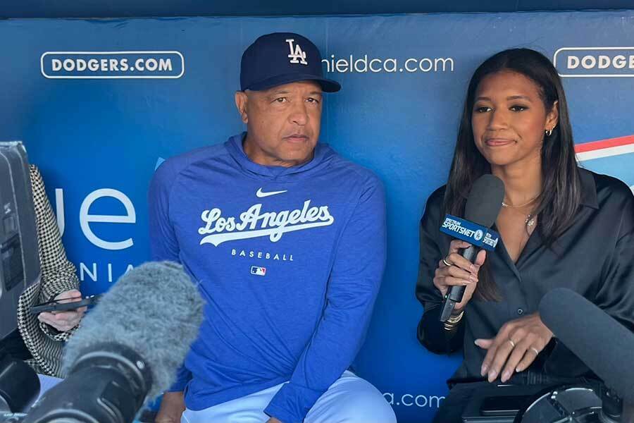 試合前会見に応じたドジャースのデーブ・ロバーツ監督【写真：浜田洋平】