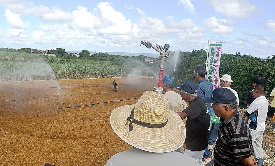 スプリンクラーによる散水実演もあった沖永良部島畑かん散水展示会＝6日、鹿児島県知名町