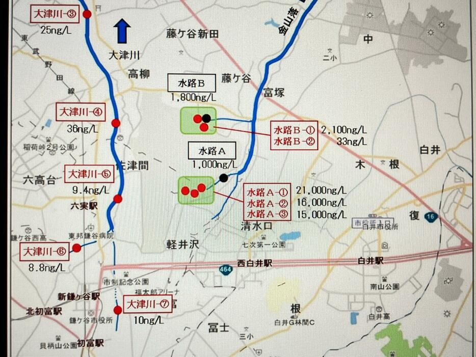 千葉県などによる2024年の調査結果。「水路A」「水路B」の背景にある灰色のエリアが下総基地