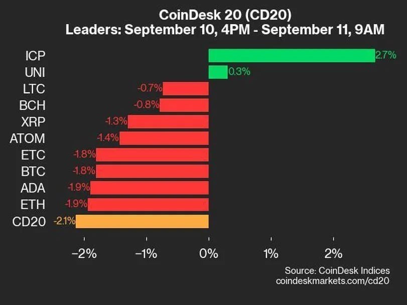 CD20は2.1％下落、上昇は2銘柄のみ：CoinDesk 20 パフォーマンスアップデート