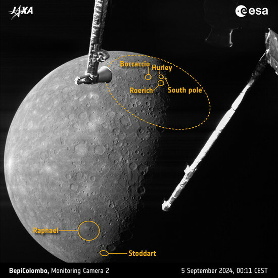 ベピコロンボ探査機が最近接飛行を終えた後、水星から遠ざかって3459キロメートル離れた地点で撮影した写真=欧州宇宙局提供